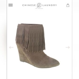 Chinese Laundry Gray Fringe Wedge Booties